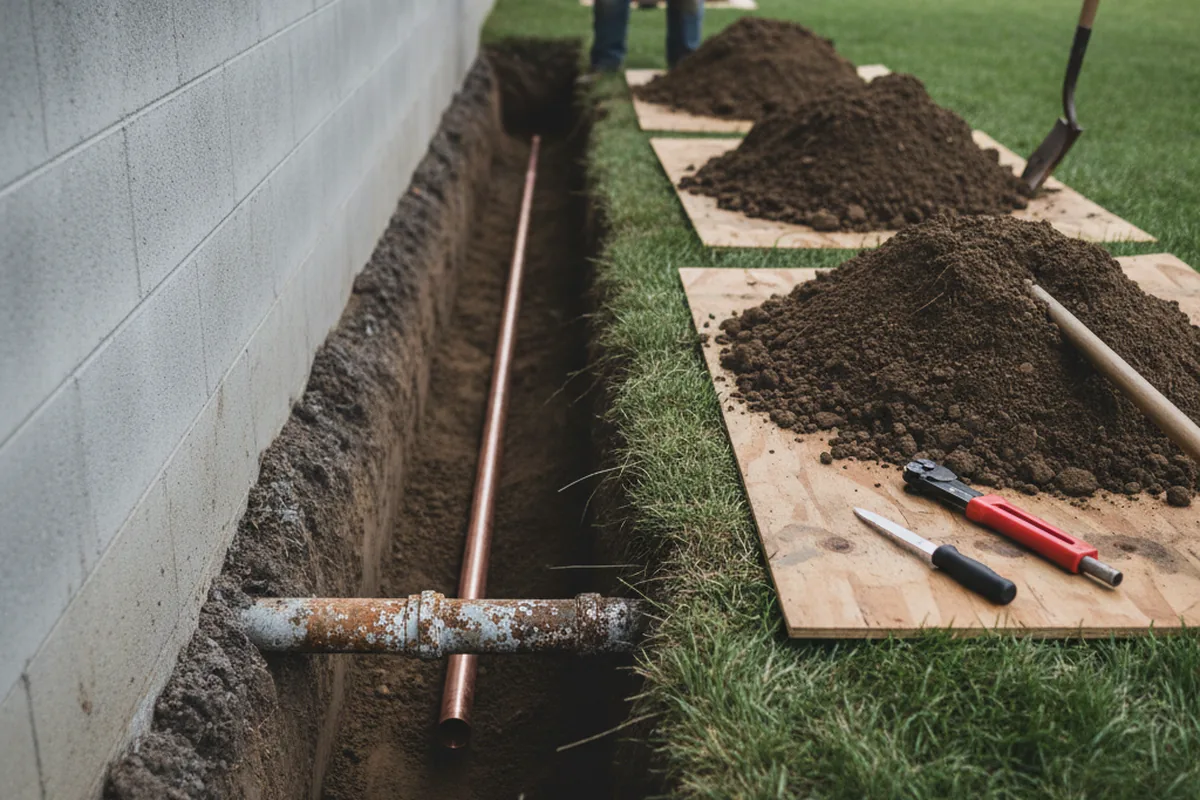 Excavated water line trench during Water Heater Repair in Auberry